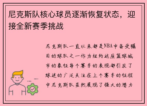 尼克斯队核心球员逐渐恢复状态，迎接全新赛季挑战