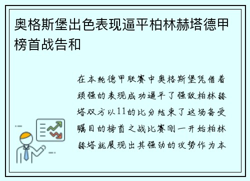 奥格斯堡出色表现逼平柏林赫塔德甲榜首战告和