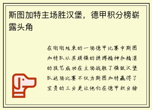 斯图加特主场胜汉堡，德甲积分榜崭露头角