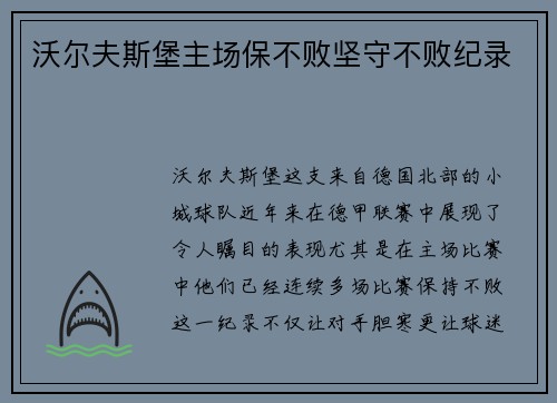 沃尔夫斯堡主场保不败坚守不败纪录