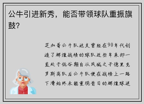 公牛引进新秀，能否带领球队重振旗鼓？