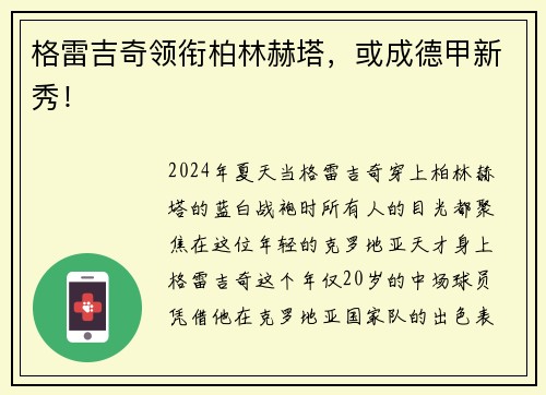 格雷吉奇领衔柏林赫塔，或成德甲新秀！