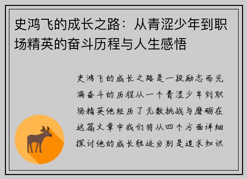 史鸿飞的成长之路：从青涩少年到职场精英的奋斗历程与人生感悟