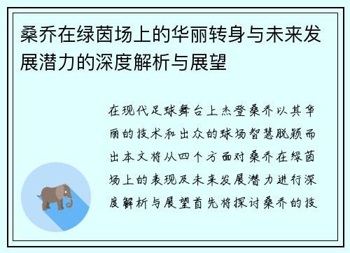 桑乔在绿茵场上的华丽转身与未来发展潜力的深度解析与展望
