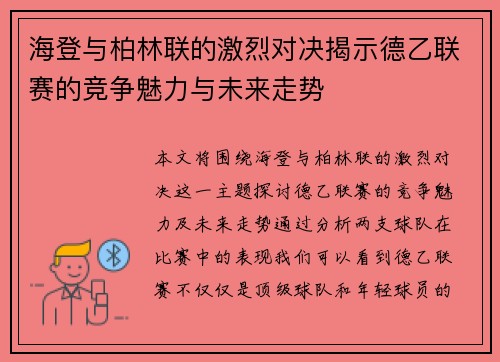 海登与柏林联的激烈对决揭示德乙联赛的竞争魅力与未来走势