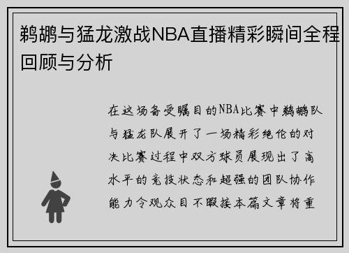 鹈鹕与猛龙激战NBA直播精彩瞬间全程回顾与分析
