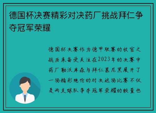 德国杯决赛精彩对决药厂挑战拜仁争夺冠军荣耀