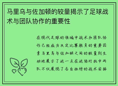 马里乌与佐加顿的较量揭示了足球战术与团队协作的重要性