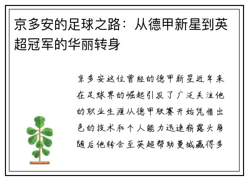 京多安的足球之路：从德甲新星到英超冠军的华丽转身