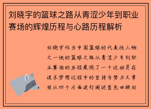 刘晓宇的篮球之路从青涩少年到职业赛场的辉煌历程与心路历程解析