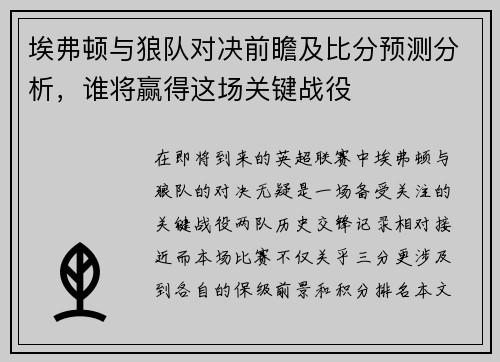 埃弗顿与狼队对决前瞻及比分预测分析，谁将赢得这场关键战役