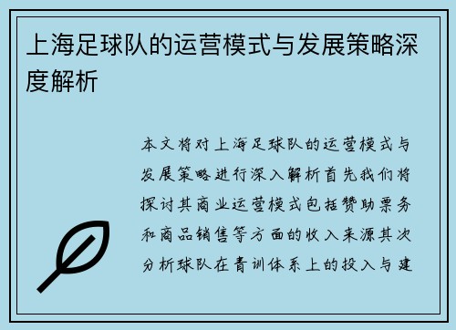 上海足球队的运营模式与发展策略深度解析