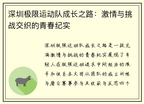 深圳极限运动队成长之路：激情与挑战交织的青春纪实