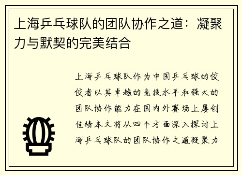 上海乒乓球队的团队协作之道：凝聚力与默契的完美结合