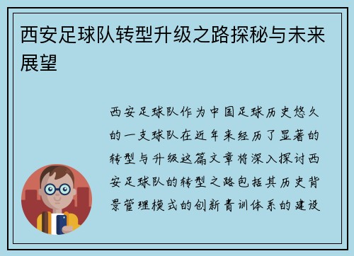 西安足球队转型升级之路探秘与未来展望