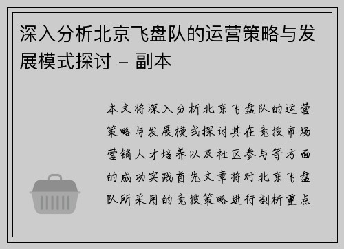 深入分析北京飞盘队的运营策略与发展模式探讨 - 副本