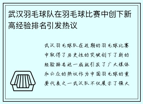 武汉羽毛球队在羽毛球比赛中创下新高经验排名引发热议